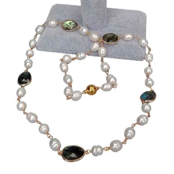 YYGEM naturel riz blanc perle d'eau douce chapelet chaîne à facettes poire labradorite lunette ensemble chandail chaîne Wrap collier 28 