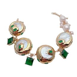Yying Cultured White Keshi Coin Pearl Green Cz Square Charm Bracelet Fashion Bijoux 240416