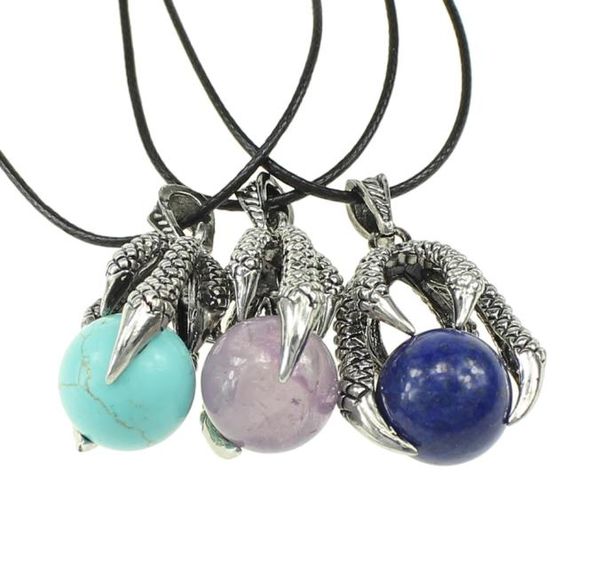 YYW Punk Silvercolor Dragon Claw Naturel Véritable Rose Pierre Mer Opale Violet Quartz Pierre Cordon En Cuir Ras Du Cou Pendentif Necklaces8864067