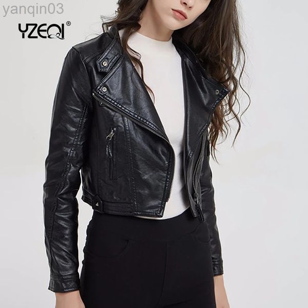 Yzeqi Street Style mujer corta motocicleta Pu chaqueta de cuero otoño moda señora Faux cuero suave abrigo negro cremallera prendas de vestir exteriores L220801