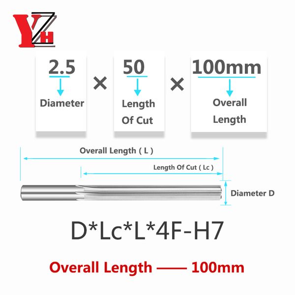 YZH 100 mm 2.5-12.9 mm Máquina de carbón Reamer HRC50 Tolerancia recta/espiral H7 Hared Acero de acero Hared Metal CNC Turning Hole