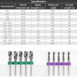 YZH 10pcs / lot PCB micro-forets bits 3.175 tige de 0,1 à 6,8 mm de diamètre DIY CNC pour la carte de circuit imprimé pour la fabrication de bijoux