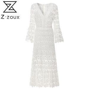 Z Zoux Femmes Robes Robe en dentelle blanche Flare manches col en V évider longue taille sexy 2020 soirée soirée LJ200818
