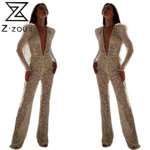 Z-ZOUX Women Jumpsuit Deep V Neck Lace Rompers Womens Jumpsuit Long Sleeve Embroidery Perspective Long White Jumpsuit Autumn 211119