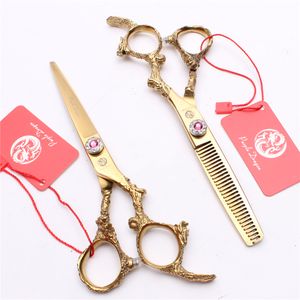 Z9005 6" 440C Pink Gem Golden Dragon Handle Professional Human Hair Scissors Cutting or Thinning Shears Barber"s Hairdressing Styling Tools