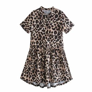 ZA Animal Print Mini Dress Retro Leopard Jurk Revers Collar Korte Mouw Voor Knop Vrouwelijke High Street Short Dresses 210602