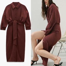 Za cinturón camisa vestido mujer otoño solapa cuello manga larga plisado Casual vestido largo mujer botón frontal Vintage Midi vestidos 210602