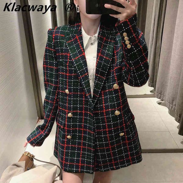 Za Black Plaid Blazer Mujer Primavera Chaqueta Mujer Oficina Casual Manga larga Doble botonadura Abrigo a cuadros 210521