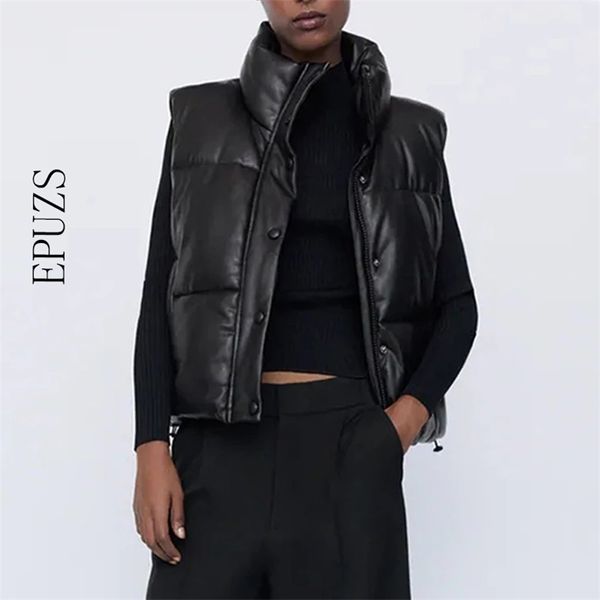 ZA Black Stand Collar Chalecos Mujeres Moda Cremallera PU Abrigos de cuero Mujeres Elegante Otoño Invierno Chalecos cortos Mujer Damas 210817