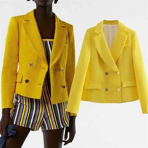 Za blazer pak jas kantoor vrouwen pakken lente mode eenvoudige v-hals chic blauw geel jeugd pak 211122