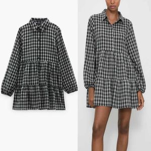 Za check shirt jurk vrouwen lange mouw elegante ruche zoom korte grijze jurken vrouw chic front knop plaid casual jurk 210602