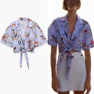 Top de verano con estampado recortado Za para mujer, camisa Vintage de manga corta con nudo frontal, camisas azules ajustadas con cremallera lateral a la moda femenina 210602