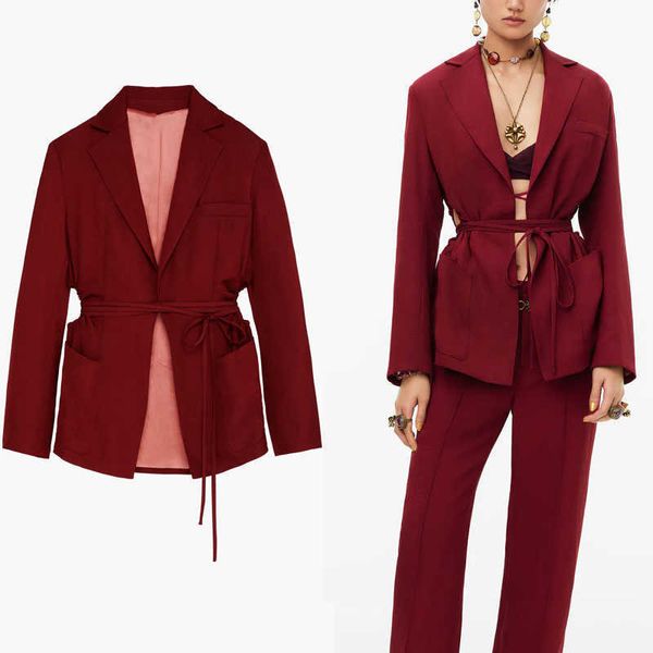 Za Cut Out Long Blazer Femmes Vintage Épaules Froncé Bureau Rouge Lady Blazers Manteau Femme Auto Cravate Été Vêtements D'extérieur Top 210602