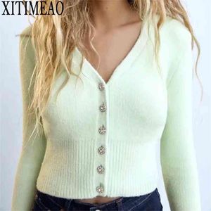 ZA elegante lange mouw trui vrouwen single-breasted vrouwelijke korte vest soft flexibele gebreide uitloper 210922