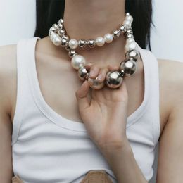 ZA-gargantilla de cuello grande con perlas de imitación de doble capa para mujer, joyería de cuentas acrílicas de Color plateado, 240125