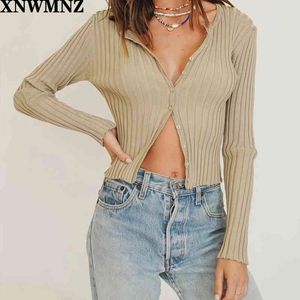 Za Fashion Knit Shir Femmes Crop Op Manches longues Coréen Couleur Solide Col V Vinage Buon Up Slim 210510