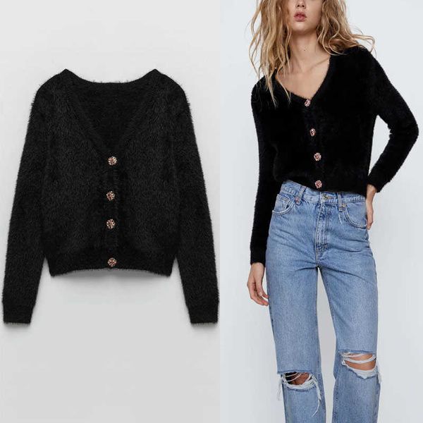 ZA fausse fourrure tricot Cardigan femmes à manches longues col en V bijou bouton noir pull femme mode vêtements d'extérieur tricotés hauts 210602