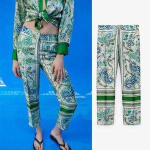 Za vert imprimé fleuri taille haute pantalon femmes Vintage taille élastique pantalon d'été femme Chic poches avant pantalons décontractés 210602