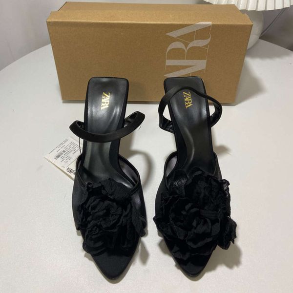 ZA – chaussures d'été à talons hauts pour femmes, décoration de fleurs noires, bandeau vide pointu, cravate arrière, nouvelle collection 2023