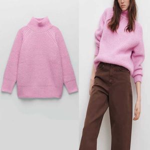 ZA Oversized gebreide roze trui vrouwen winter coltrui lange mouw schattige trui vrouwelijke mode losse gebreide tops 210602