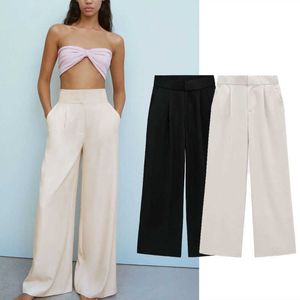 Za broek vrouwen hoge taille losse zomer brede poten broek vrouw chic elastische taille zijzakken vintage plooi zwarte broek 210602