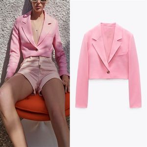 ZA roze bijgesneden blazer vrouw schouder pads lange mouw kantoor dame blazers jas vrouwen mode enkele knop Ourerwear top 211006