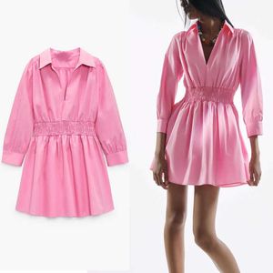 ZA Pink Mini Shirt Jurk Vrouwen Elegante Lange Mouw Elastische Taille Office Laay Summer Jurk Vrouw Mode Poplin Jurken 210602