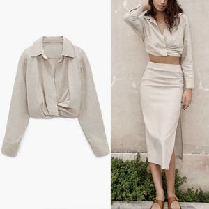 Za plissé lin recadrée Blouse femmes à manches longues ourlet élastique Vintage hauts courts femme Chic côté Zip printemps chemises 210602