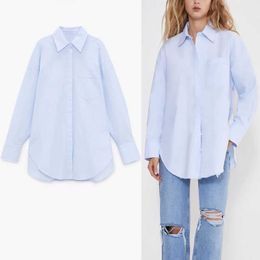 ZA Ripped Pocket Shirt Dames Plus Size Losse Lange Mouw Asymmetrische Top Vrouwelijke Mode Zijopeningen Lange Sky Blue Shirts 210602