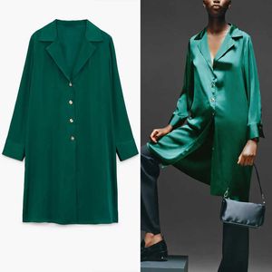 ZA Satin Long Tunic Blouse Dames Lange Mouw Revers Collar Vintage Groen Shirt Vrouwelijke Chic Front Button Plus Size Losse Top 210602