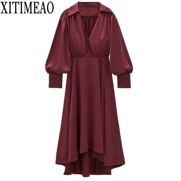 ZA Satin MIDI Robe Sexy Femmes Robe Rouge Beach Longue Fête Revers Deep V Jupe de demoiselles d'honneur avec ourlet irrégulier 210602