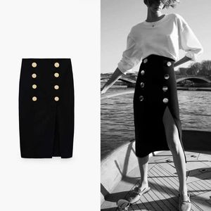 ZA Rok Dames Vrouwen Hoge Taille Button Potlood Midi Summer Rokken Chic Front Slit Back Zip Vintage Office Lady Black Skirt 210602