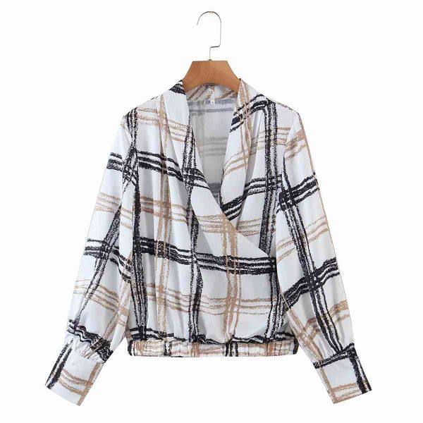 ZA printemps tache Plaid Blouse à manches longues bouffantes Wrap court femmes chemise élégant Empire taille haut d'automne 210521