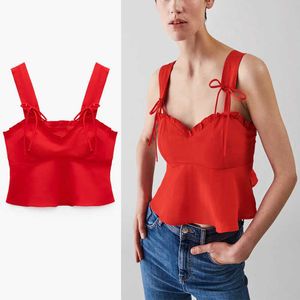 Za Strappy Attaché Cropped Red Top Femmes À Volants Col En V Bretelles Réglables D'été Blouse Sans Manches Côté Zip Dos Nu Blouses 210602