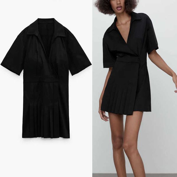 ZA Summer Black Poplin Wrap robe femmes manches courtes plissées robes de soirée vintage féminin chic snap bouton pression vestidos 210602