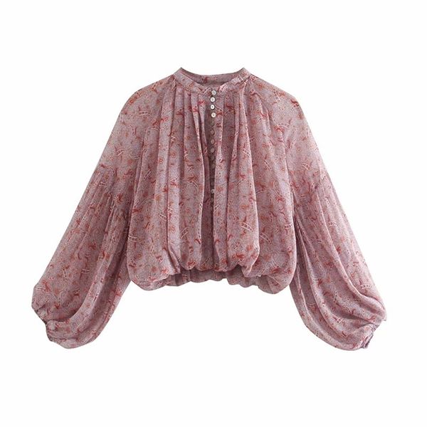 Za Summer Chiffon Pink Mujer Blusas Impreso Crop Top O-cuello Manga globo Camisas de mujer Vacaciones Casual Blusa de tul 210719