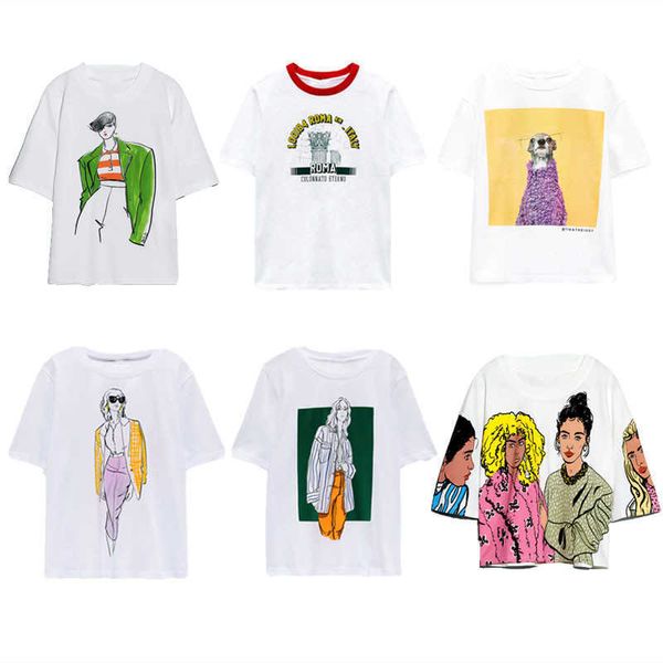 Za Summer Mignon Animal Print T-shirt Femmes Vintage Manches courtes O Cou Dessin animé Modèle T-shirts Femme Chic Girl Cropped Top 210602