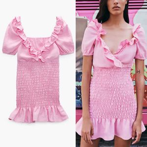 Za Summer Lino Ruffle Mini Pink Dress Mujer Manga corta Puff Cuello en V Smocking Elástico Vestidos de fiesta Mujer Chic Beach Dress 210602