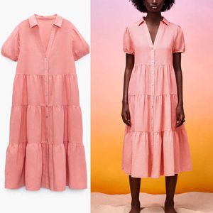 Za Summer Chemise à plusieurs niveaux Robe Femmes Puff Manches courtes Plissée Rose Office Lady Robes Chic Bouton Up Femme Robe longue 210602