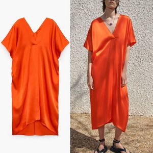 Za zomer tuniek lange jurk vrouwen korte brede mouw ruching satijn jurken vrouw mode geplooide asymmetrische zojurk 210602