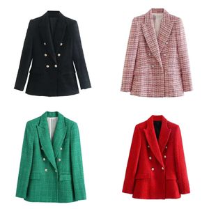 Za Traf Women's Veste Plaid Texture Solid Double Breasted Blazer Elegant Coat Office Wear Poches à manches longues Femme Sorwear 220402