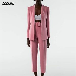 Za Traje de pantalón Ropa de trabajo femenina Trajes Tailleur Femme Conjuntos Rosa Mangas largas Chaquetas Abrigos para mujer Oficina Damas Elegante Chic 211007