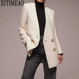 Za Tweed Dames Wit Blazers Mode Dames Vintage Losse Blazer Jassen Casual Vrouwelijke Streetwear Suits Girls Chic 210602