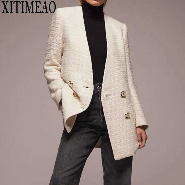 ZA Tweed mujer blanco Blazers moda señoras Vintage suelta Blazer chaquetas Casual mujer Streetwear trajes niñas Chic 210602