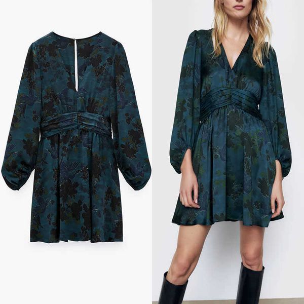 Za Vintage imprimé drapé Mini robe femmes manches longues bouffantes froncé robes de soirée femme Chic dos ouverture plissée Vestido 210602