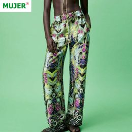 Za brede broek voor vrouwen groen print oversize broek vrouwen hoge taille vrouw broeken zomer baggy broek pakken streetwear 211019