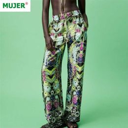 ZA brede broek voor vrouwen groen print Oversize hoge taille vrouw broek zomer baggy pakken streetwear 211115