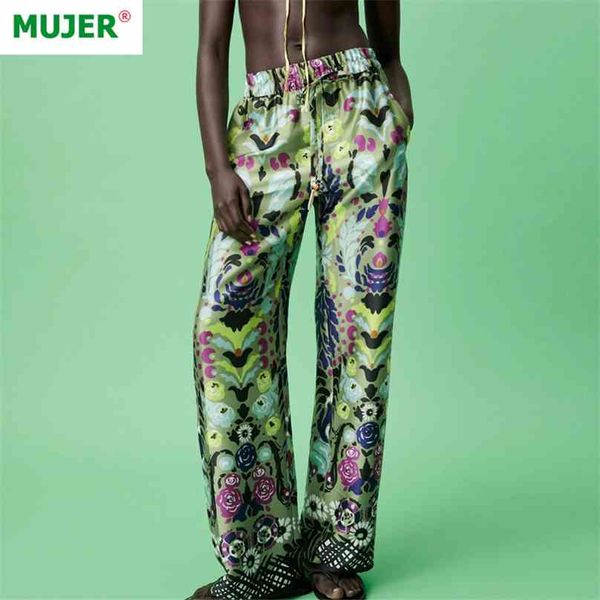 Za pantalon large pour femmes imprimé vert surdimensionné taille haute femme pantalon été Baggy costumes Streetwear 210925