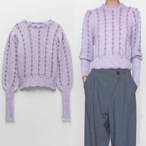 Za hiver fil métallique tricot pull femmes à manches longues col haut Vintage violet chandails femme Streetwear mince pull 210602