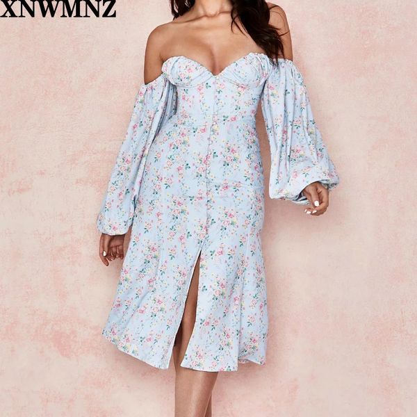 Za femmes automne robe à imprimé floral Vintage Sexy manches bouffantes mi-mollet robe femmes robe d'été décontracté bohème plage Vestidos 210320